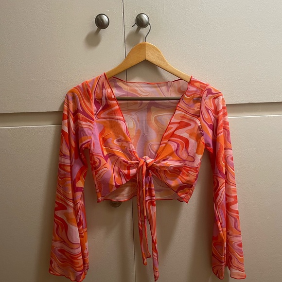 Tops - Long Sleeve Orange and Pink Swirl Mesh Top (Size Small)
